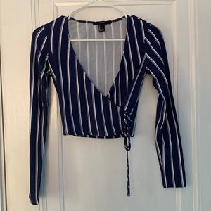 Forever 21 Blue and White Striped Side Tie V-Neck Crop Top